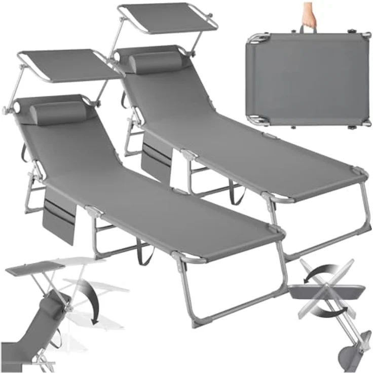 tectake® 2er Set Sonnenliege klappbar und tragbar, Liege mit Seitentasche, Strandliege, Gartenliege mit Dach, Liegestuhl mit Verstellbarer Rückenlehne, Kopfkissen - für Balkon, Terrasse (grau) – Bild 2