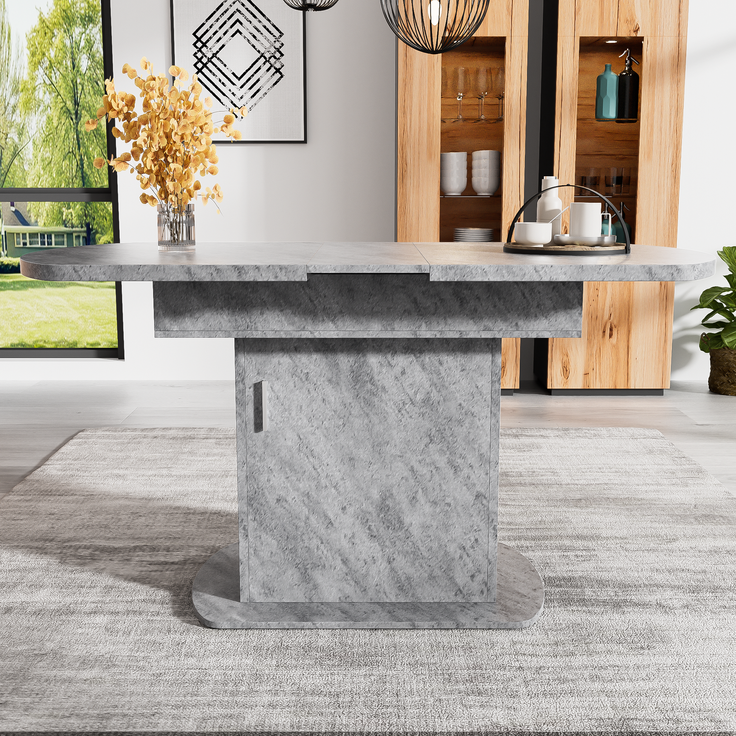 Ausziehbarer ovaler Esstisch, L110/130*W70*H75cm,Esstisch mit Stauraum, Kaffee-Freizeittisch, moderner minimalistischer Esstisch, platzsparender multifunktionaler Esstisch, Betonoptik+silberner Griff – Bild 3