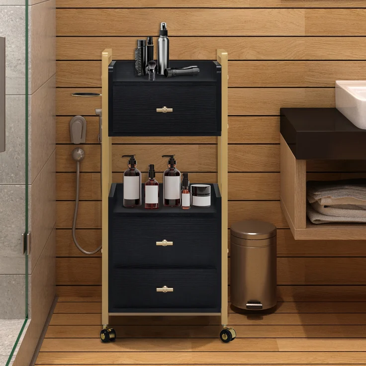 M MCombo Friseurwagen mit Rollen & 3 Schubladen, Rollwagen Servierwagen, Salon Trolley mit 2 Ablagen & Föhnhalter, Moderner Arbeitswagen für Bad Wohnzimmer, 30x40x95cm, 0022 (Schwarz-Gold) – Bild 5