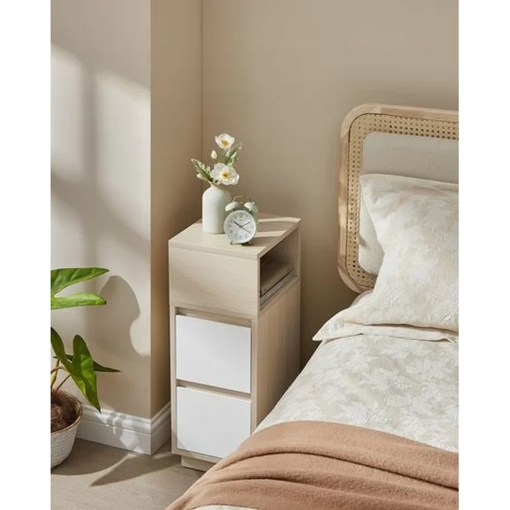 Vasagle Nachttisch, schmal, Beistelltisch mit 2 Schubladen, offenes Fach nach links oder rechts flexibel montierbar, für Schlafzimmer, Wohnzimmer, naturbeige-wolkenweiß LETDE656N01 – Bild 2