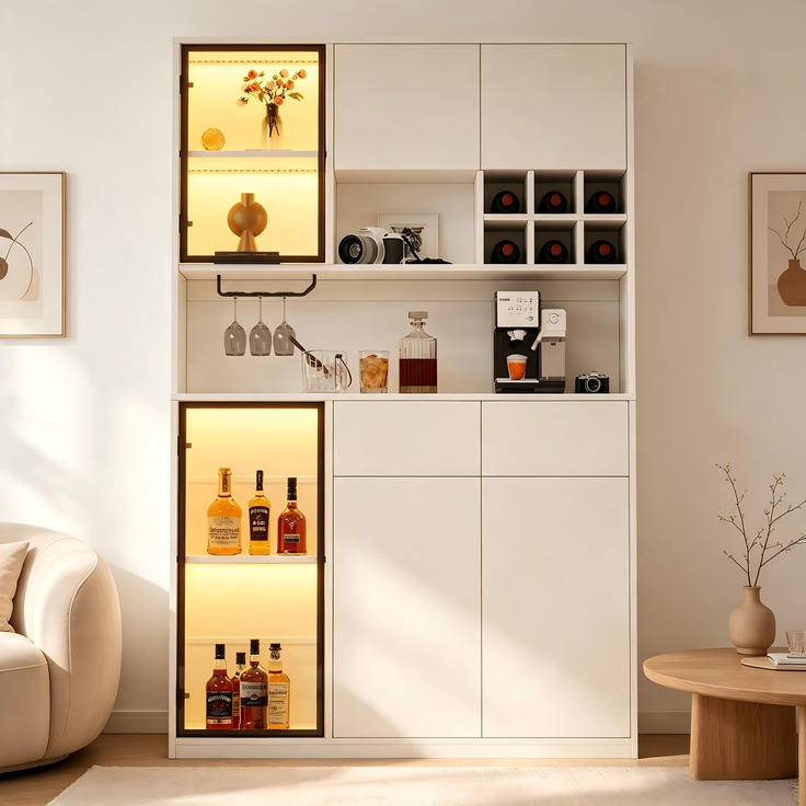 Hochschrank Vitrine 120×33×200cm, Wohnzimmer Schrank mit 6 Türen, 2 Schubladen, LED‑Beleuchtung, offenen Fächern, Hartfaserplatte & gehärtetem Glas, Weinschrank für Wohn‑ und Esszimmer--Weiß--120x33x200cm--YOUDENOVA – Bild 2