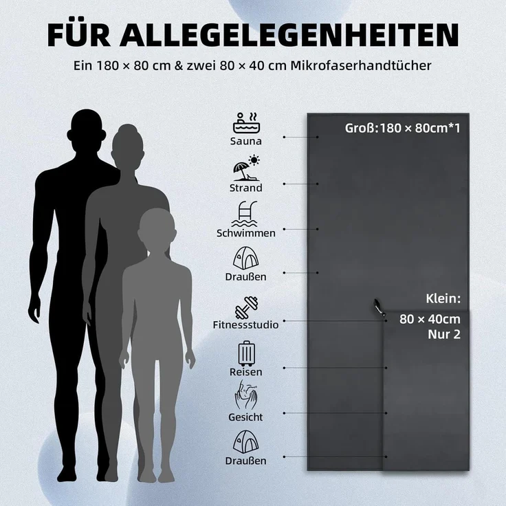 3er-Set Mikrofaser Fitness Handtuch Groß Klein Schnelltrocknend dunkelgrau – Bild 3