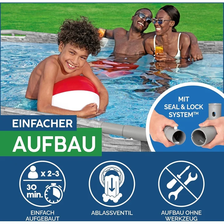 Bestway Power Steel Swim Vista Series Frame Pool Komplett-Set mit Filterpumpe 427 x 250 x 100 cm, Steinwand-Optik (Cremegrau), oval – Bild 6