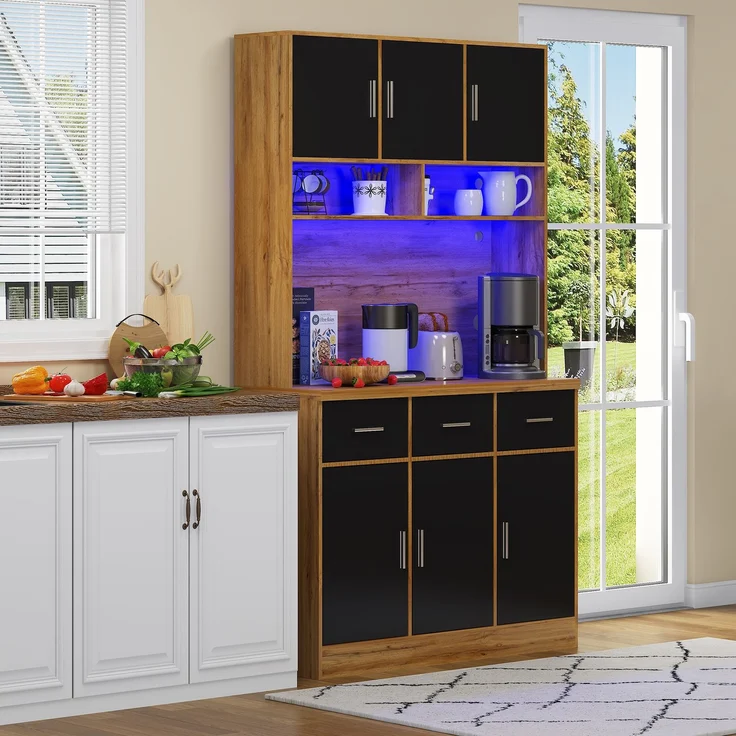 100x40x180cm, multifunktionales Buffet mit LED-Beleuchtung mit APP-Steuerung, Schubladen, verstellbaren Einlegeböden, Kabelführungslöchern und Steckdosen, ideal für Küchen und Esszimmer – Bild 2