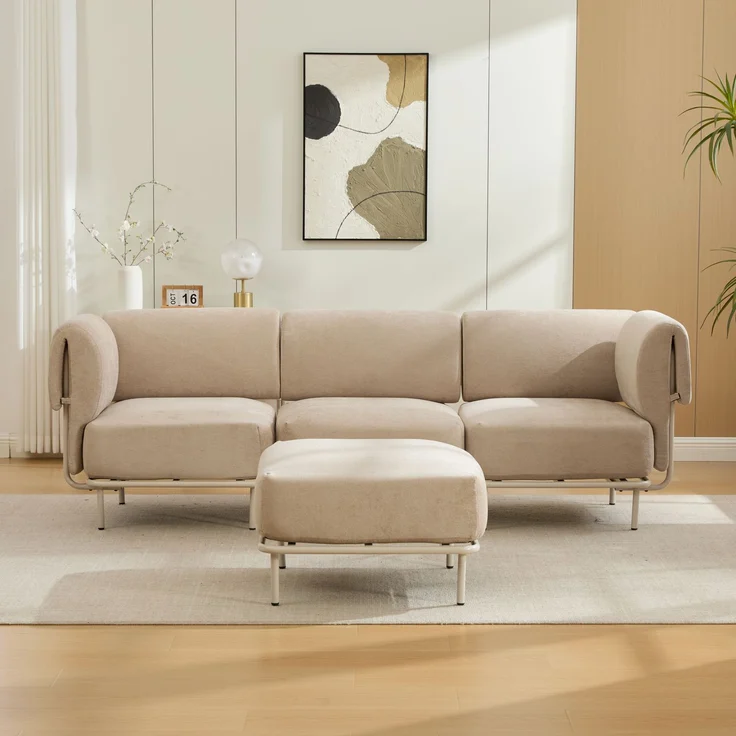 3-Sitzer Sofa mit Hocker, B 251 x T 155 x H 78 cm, Chenille in Khaki, modular – Bild 3