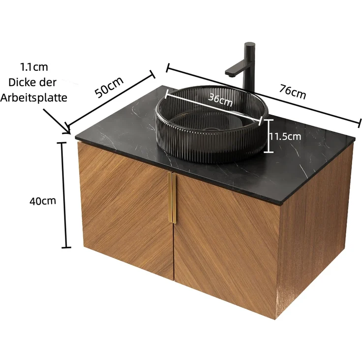 Wandhängender Bad-Waschtisch 76 x 50 x 52,6 cm mit Glasbecken, Sintersteinplatte und 2 Türen – Bild 5