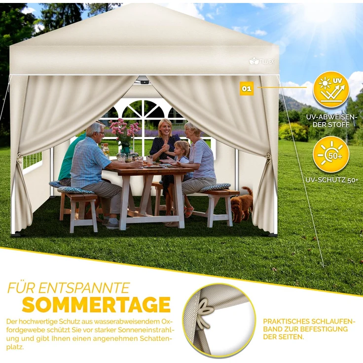 tillvex® 4X Seitenwand beige für Pavillon 3x3m & 3x6m | Faltpavillon Seitenteile wasserabweisend | Seitenfenster & Reißverschluss | Seitenwände für Gartenzelt Partyzelt – Bild 8