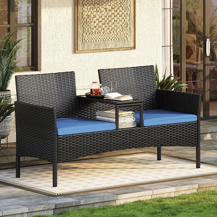 Aoxun 2-Sitzer-Gartenbank aus Rattan, extrabreite Outdoor-Zweisitzerbank mit seitlichem Ablagetisch 144x62x80cm, bequemes Terrassenmöbel-Set mit Kissen und Regenschutz für Garten, Balkon, Marineblau – Bild 1