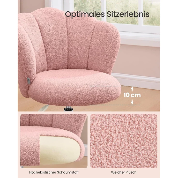 SONGMICS Drehbarer Schminktischstuhl, höhenverstellbarer Polsterstuhl mit Blütenblatt-Rückenlehne, Fleece, bis 110 kg, rosa – Bild 5