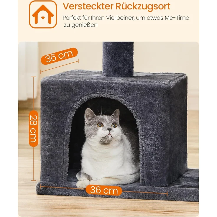 Feandrea Kratzbaum, 84 cm Katzenbaum, L, Katzenhaus für große Katzen bis zu 7 kg, große Plattform, 2 Katzenhöhlen, Sisalstämme, rauchgrau PCT61G – Bild 8