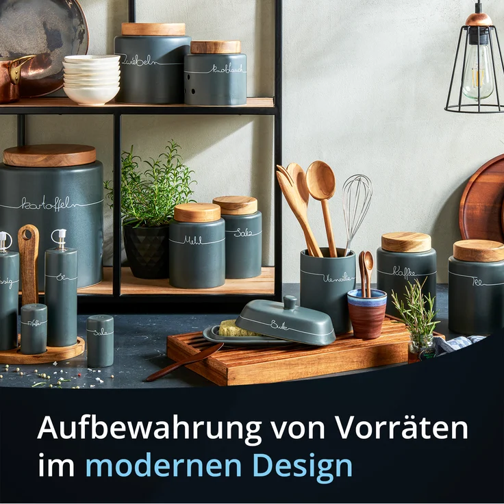 KHG Menage Set Keramik Steingut poliert, Anthrazit Grau mit Holz-Halterung für Öl Essig Salz & Pfeffer für den Tisch mit Beschriftung | Öl- & Gewürze-Vorrat 5-teilig mit Schutz-Deckel – Bild 2