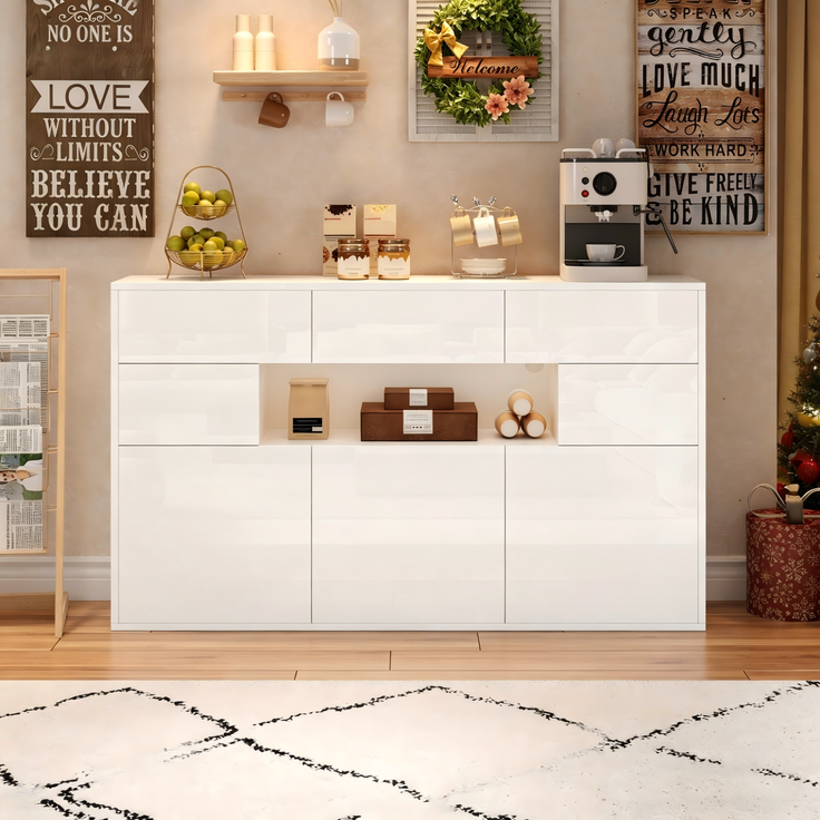 Merax 140*30*82cm Wohnzimmer-Sideboard, mit 3 Schubladen und 5 Schränken,Hochglanz-Kommode Mit LED-Lichtleiste,Schrank 140cm breit,MDF, weiß – Bild 6