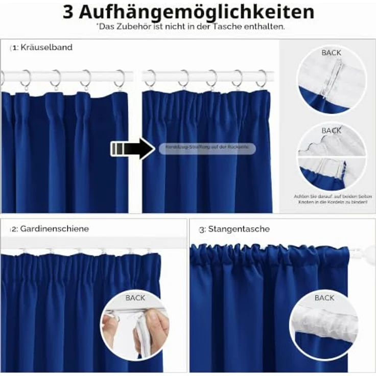 Deconovo Blickdichte Vorhänge mit Kräuselband Gardinen UV-Schutz Königsblau | 2er Set, H 229 x B 168 cm, Thermogardine, Wohnzimmer und Schlafzimmer Gardinen, für Thermal Curtains, Übergardinen – Bild 3
