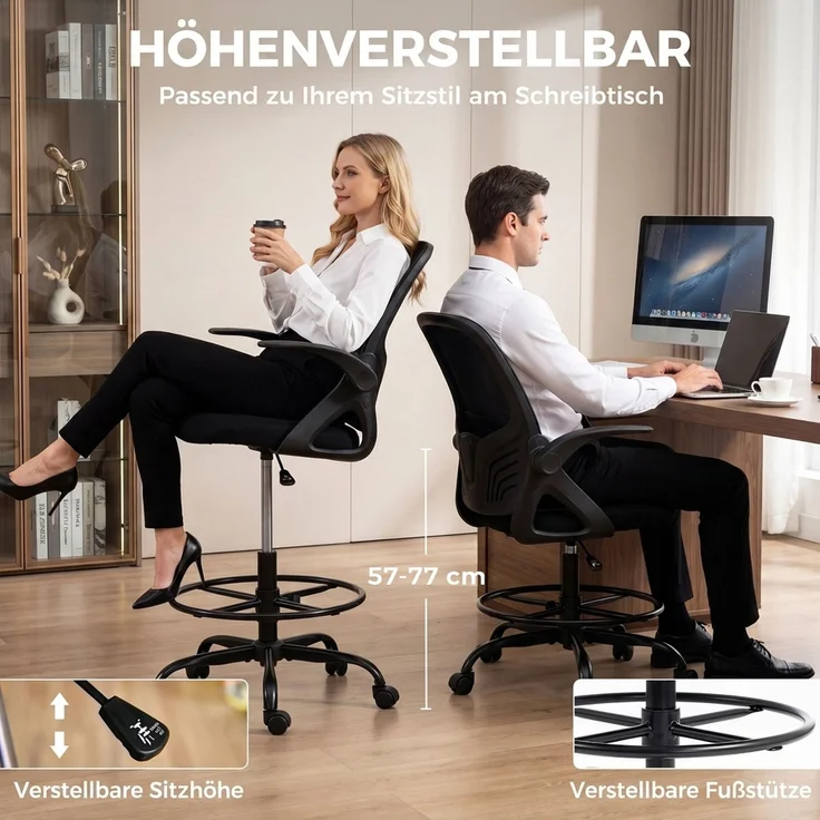 MELAYR, Zeichenstuhl mit verstellbarer Lendenstütze, Drehfunktion, Netzbezug, 65 x 59 x 124 cm, Schwarz – Bild 6