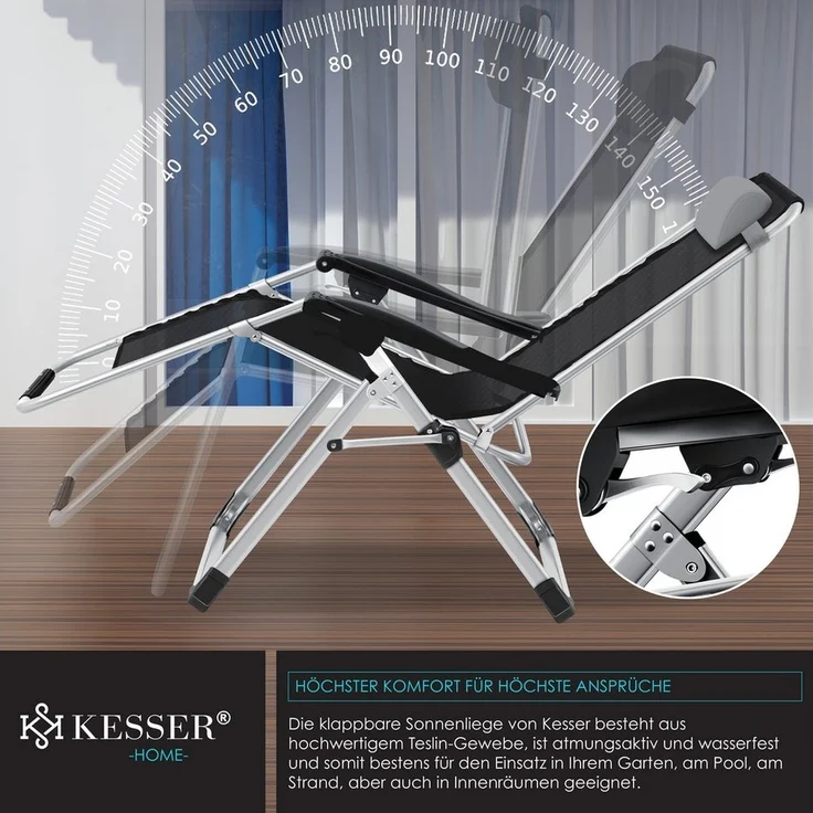 KESSER® Sonnenliege Liegestuhl, klappbare Gartenliege extra breit & Wetterfest, Belastbar 200kg, Ergonomisches Polster, verstellbare Rückenlehne inkl. Nackenkissen, Getränkehalter & Armpolster Grau, Liege (Basic) – Bild 2