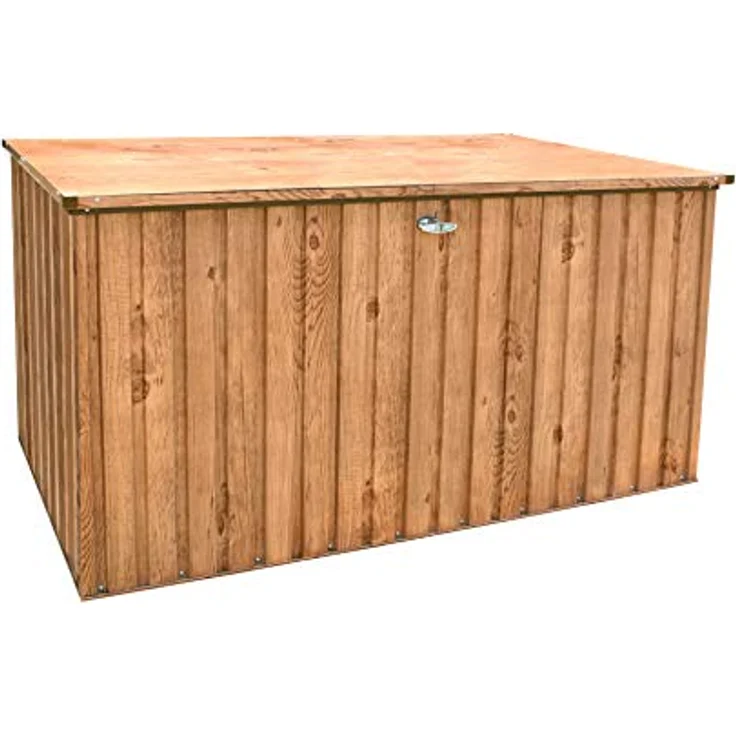 Duramax DH 1.9 (1450 L) Kissenbox aus Metall mit hydraulischer Gasdruckfeder und Vorhängeschlossöse, Terrassenbox und Gartenmöbelaufbewahrung für den Außenbereich, Holzmaserung – Bild 2