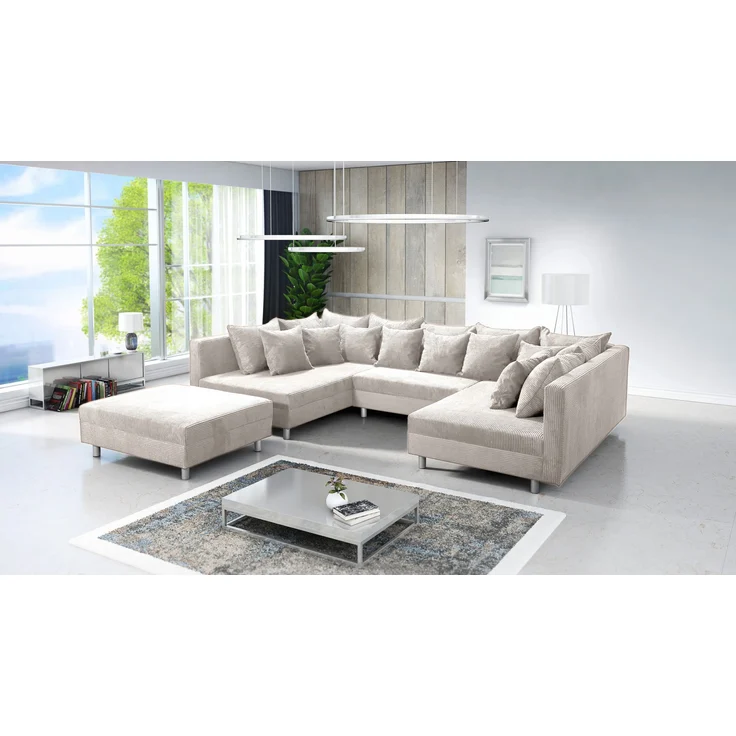 Wohnlandschaft Sofa Couch Ecksofa Eckcouch in Cordstoff beige Minsk XXL + Hocker – Bild 1
