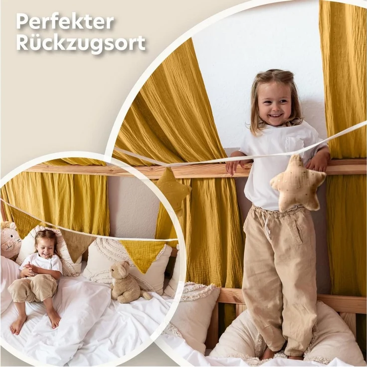 lilimaus Betthimmel Hausbett Himmel Gold aus Musselin - 2er-Set für Kinderbett (1-tlg), 2 Stoffbahnen mit feinen Goldapplikationen - schnell montiert – Bild 3
