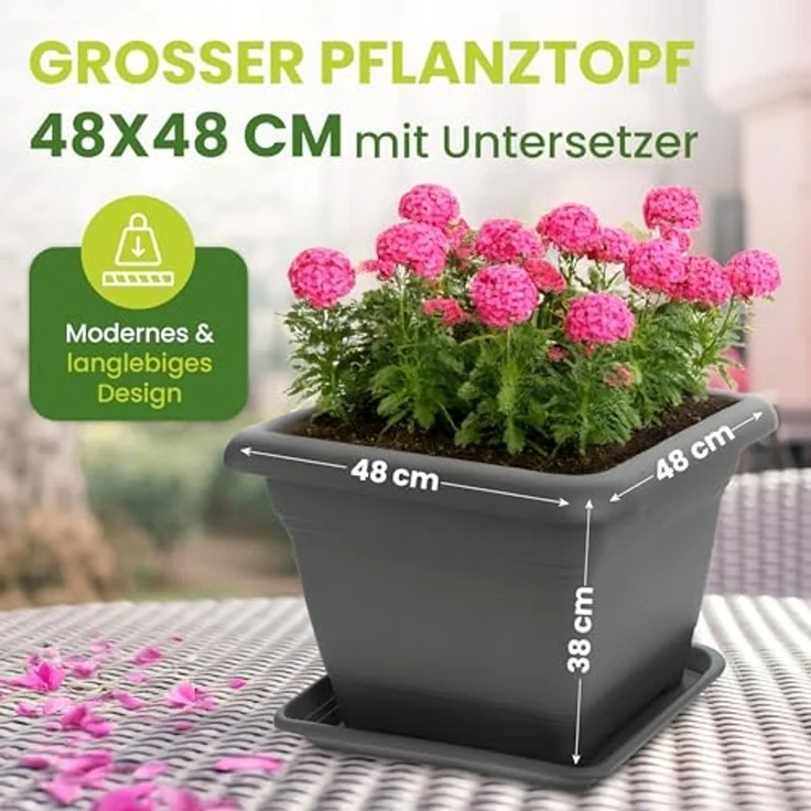 2friends Blumentopf 4er Set Anthrazit Blumenkübel XXL mit Untersetzer (48 x 48 x 38 cm), Robustes Pflanzkübelset für Garten & Terrasse – Bild 3