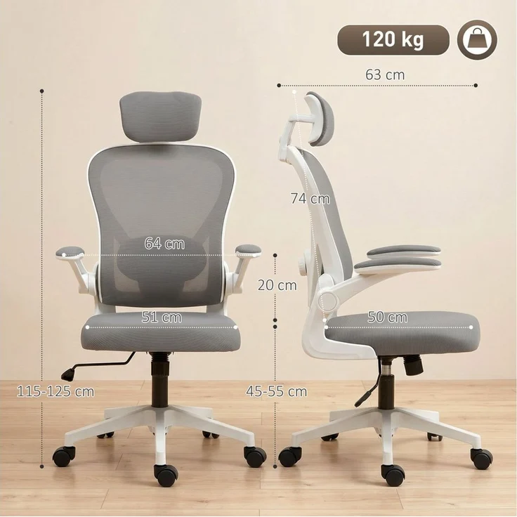 HOMCOM Bürostuhl Ergonomischer Schreibtischstuhl mit Hochklappbaren Armlehnen (Höhenverstellbarer Drehstuhl, 1 St), mit Wippfunktion, Netzbespannung Grau – Bild 3
