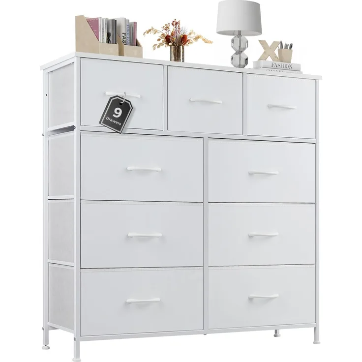 weetcrispy Kommode mit Stoff-Schubladen, Sideboard mit 9 Stoff-Schubladen, Schubladenschrank, Organisationsmöbel für Küche, Büro, Flur, TV-Schrank mit Schubladen, Weiß