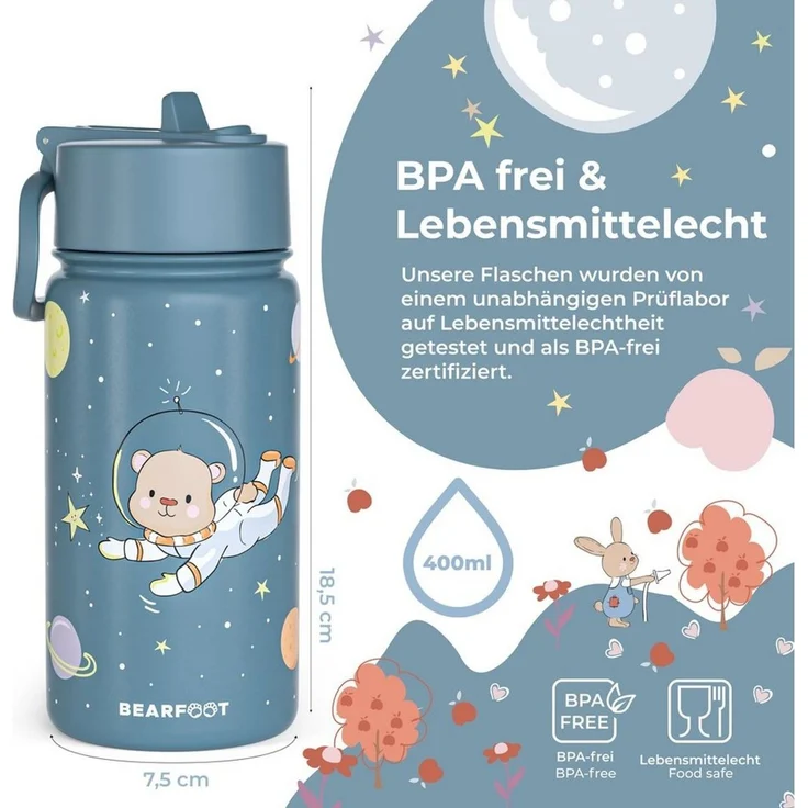 BEARFOOT Trinkflasche Thermo Kinder Trinkflasche Edelstahl - Astro Bär blau, Thermosflasche, auslaufsicher, Edelstahl, Kinderflasche, BPA-frei – Bild 2