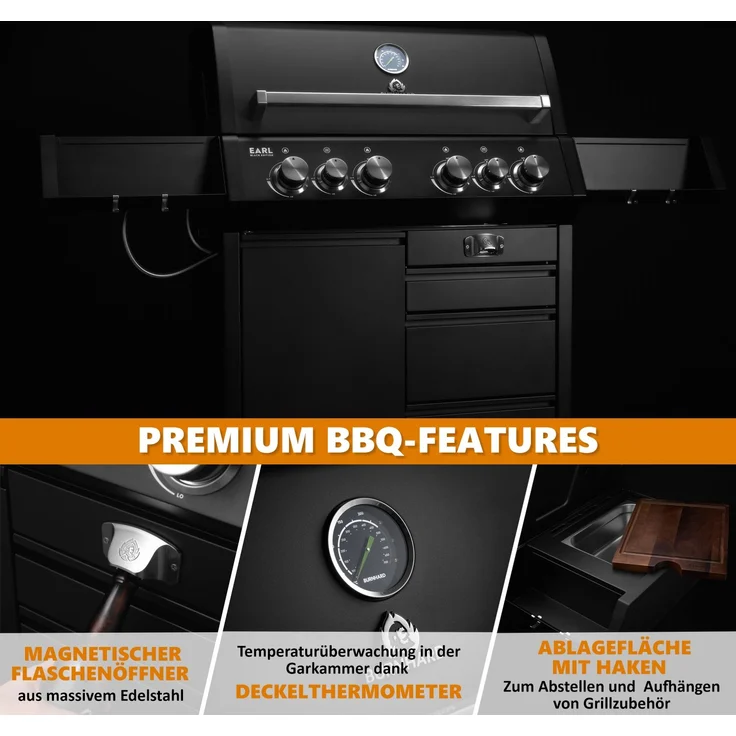 BURNHARD® 4-Brenner Gasgrill Edelstahl inkl. Heckbrenner, mit Gusseisen Grillrost & inkl. stabiler Abdeckhaube, Seitenkochfeld mit Infrarot Keramikbrenner, Schwarz - Big EARL - Schwarz - #946399 – Bild 4