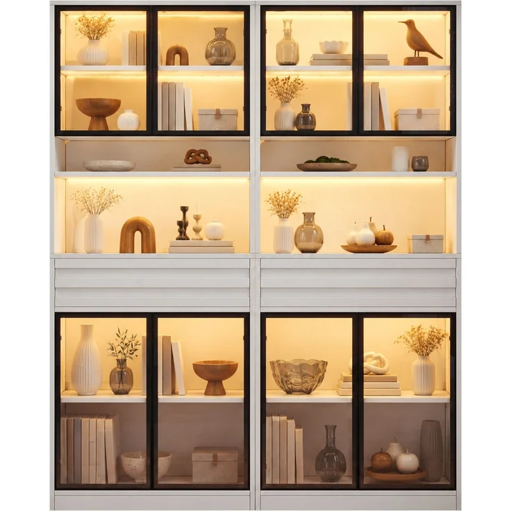 DESVIAE Regal-Set 2-tlg. Weiß aus MDF – 160x200x35 cm – 8 Glastüren, 2 Schubladen, LED-Beleuchtung – Bild 8