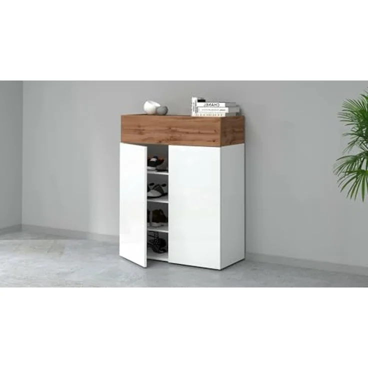 Dmora - Schuhregal Oliviero, platzsparendes schuhregal mit 3 türen, multifunktionale eingangsgarderobe, 76 x 38 x 100 cm, weiß und Eiche – Bild 4