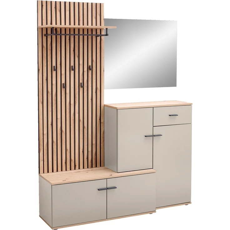 XORA 'FYNN' Garderoben-Set in Lamellen-Optik, Holznachbildung Kaschmir, 148 x 199 x 38 cm, mit Spiegel und Schublade – Bild 1
