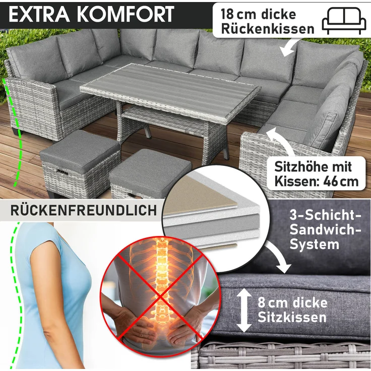 BRAST 'Hacienda' Gartenmöbel Set mit Kissen & Abdeckung, 10 Personen, Grau / Anthrazit – Bild 8