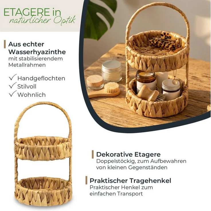 HMF Dekoetagere Etagere 2-stöckig geflochten aus Wasserhyazinthe, runder (1 St), Aufbewahrungsorb mit Henkel, 30 x 17 x 17 cm – Bild 2
