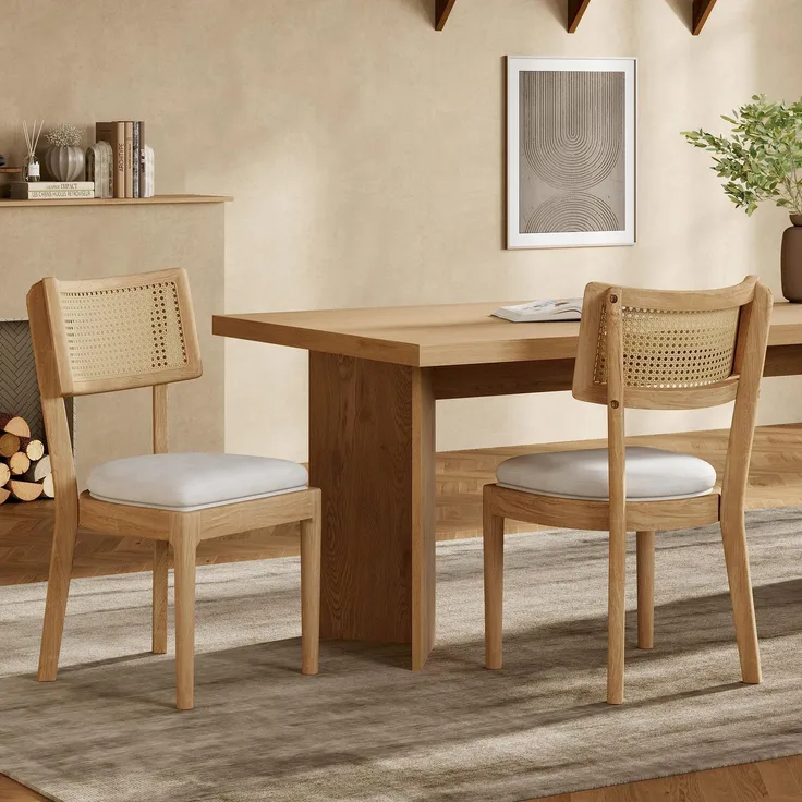 2 Esszimmerstühle aus Massivholz mit Rattan-Rückenlehnen, bequem und atmungsaktiv, geeignet für Esszimmer, Wohnzimmer, Cafés, moderner Stil, Leinen, Holzfarbe--Holz--50x58x88cm--YOUDENOVA