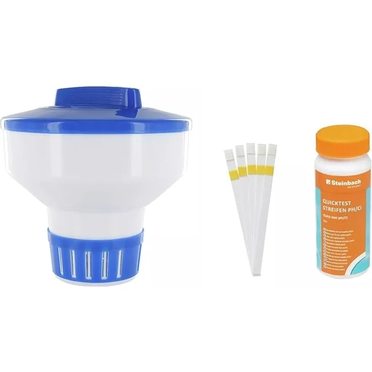 Steinbach | Quicktest Streifen Kit inkl. Dosierschwimmer Maxi | 18 cm Ø | bis zu 200 g Tablettengröße | für sauberes und kristallklares Poolwasser