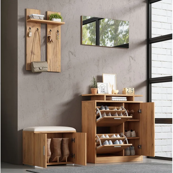 CHICFURN Schrank 140x133x35 cm mit Schuhbank, Spiegel und Kleiderhaken – Natur