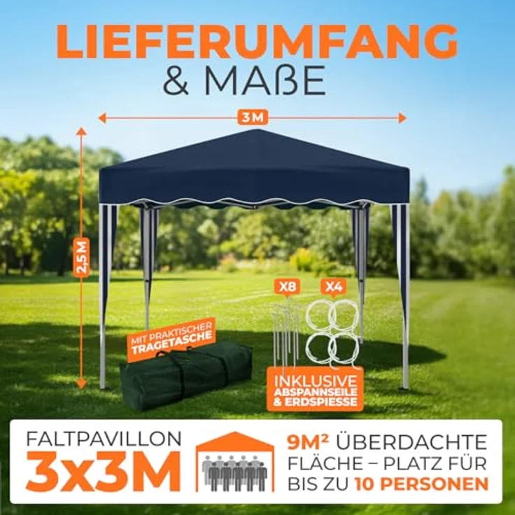 Faltpavillon 3x3 m - wasserdicht - ohne Seitenteile, blau – Bild 3