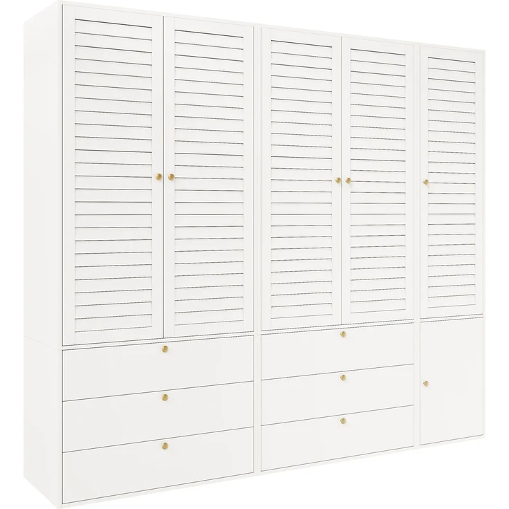 CHICFURN Kleiderschrank 225x200x50 cm mit 5 Lamellentüren und 6 Schubladen – Weiß – Bild 6