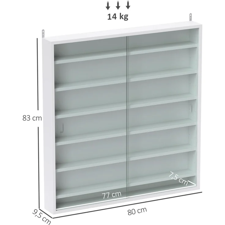 Wandvitrine für Sammlerstücke, 6 höhenverstellbare Böden, 2 Glasschiebetüren, 80 x 9,5 x 83 cm – Bild 5