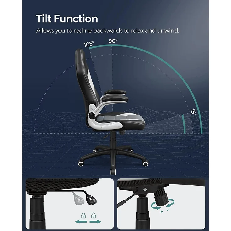 Songmics Gamingstuhl, Racing Chair, Schreibtischstuhl mit hoher Rückenlehne, Bürostuhl, höhenverstellbar, hochklappbare Armlehnen, Wippfunktion, für Gamer, schwarz-grau-weiß OBG28G – Bild 5