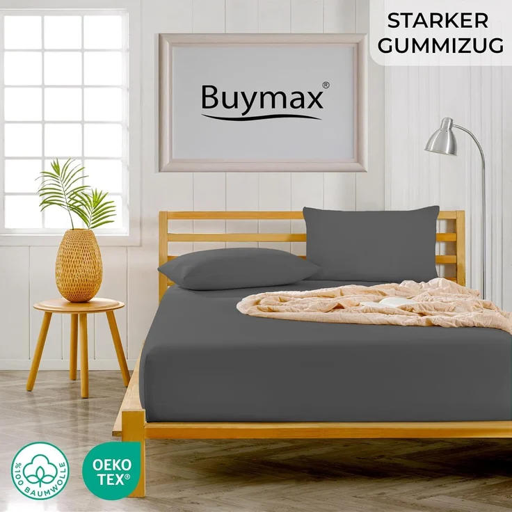 Buymax® Topper Spannbettlaken 160x200 cm Spannbetttuch 100% Baumwolle Jersey für Matratzentopper bis 12 cm Matratzenhöhe Bettlaken für Boxspringbett Topper, Anthrazit – Bild 2