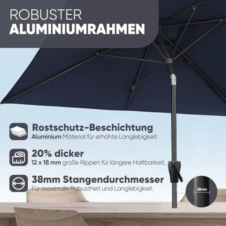 Sekey Sonnenschirm mit Kurbel und UV50+, knickbar, Aluminium blau, 210 × 140 cm – Bild 3