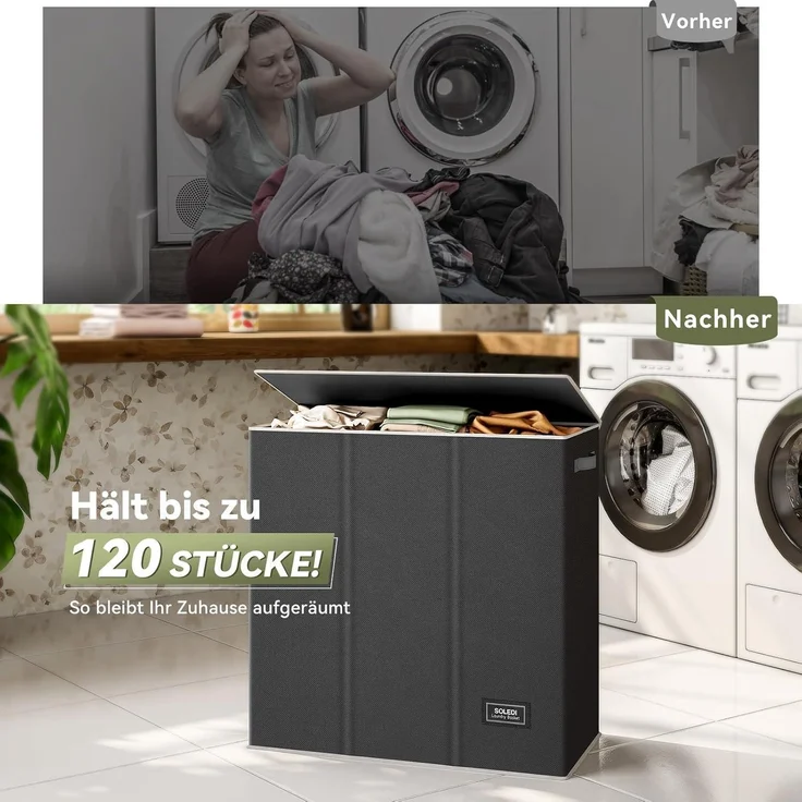SOLEDI 160L Wäschekorb XXL mit Deckel und 3 Wäschesack – Bild 6