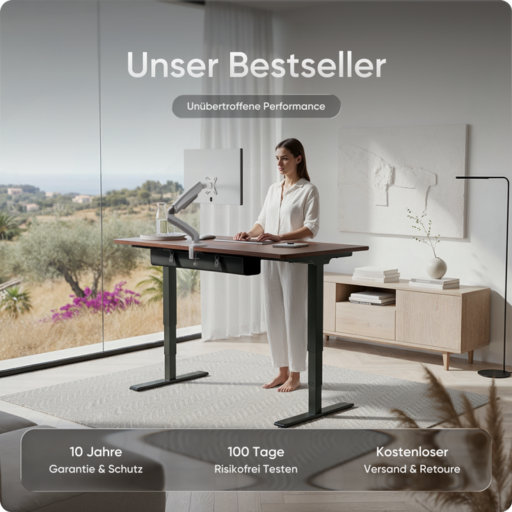 DESKSPACE PRO Plus Elektrisch höhenverstellbarer Schreibtisch, 160x80 cm Stehpult mit Memory-Funktion, Mahagoni Tischplatte, Schwarzes Gestell – Bild 2