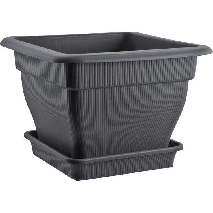 Großer Blumentopf 18 Liter mit Wasserspeicher und Untersetzer - Pflanztopf Pflanzkübel gegen Staunässe anthrazit, HDPE Kunststoff – Bild 1