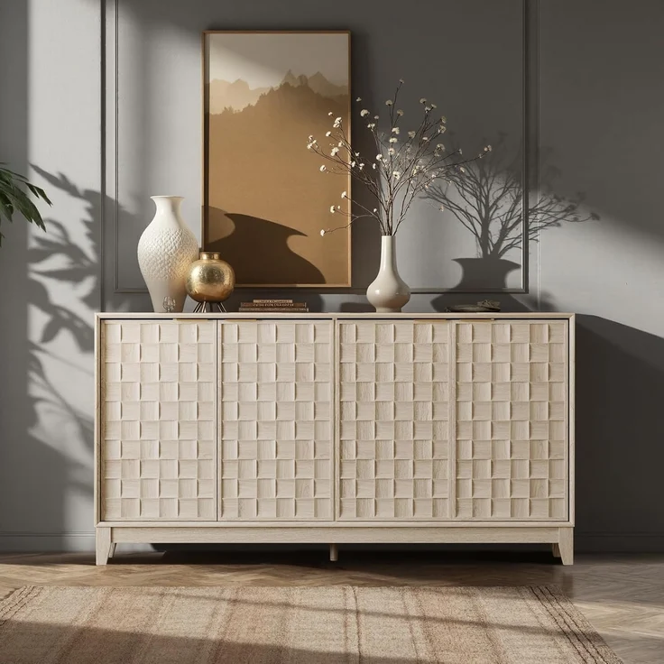 COLAMY Sideboard mit Riffel-Optik und Stauraum – Massivholz Anrichte für das Esszimmer, Schrank-Konsole mit verstellbaren Regalböden, Walnuss-Optik, Mid-Century-Moderne Stil, Eiche Weiß – Bild 4