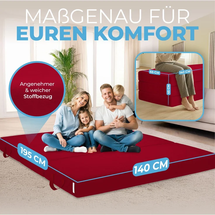 Klappmatratze 90x200 cm, 75x195 cm, Bestschlaf, 15 cm hoch, waschbar, versch. Größen & Farben, geeignet für Hausstauballergiker – Bild 2