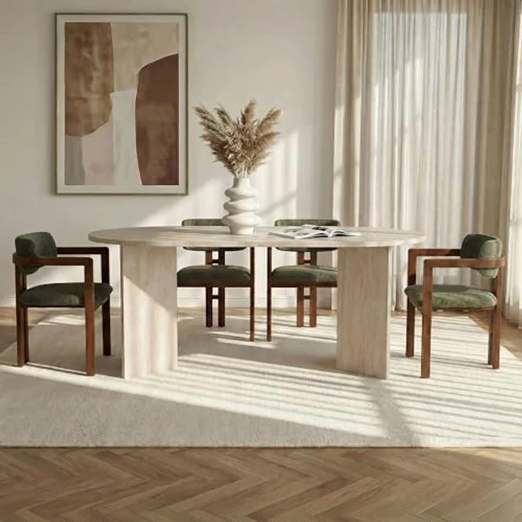 Hanah Home Elegantes 5-teiliges Esszimmer-Set mit Tisch und Stühlen, Travertin & Walnuss, 180 x 90 cm | Gestell aus 100% Melamin und Buche | Pflegeleichter Stoff – Bild 3