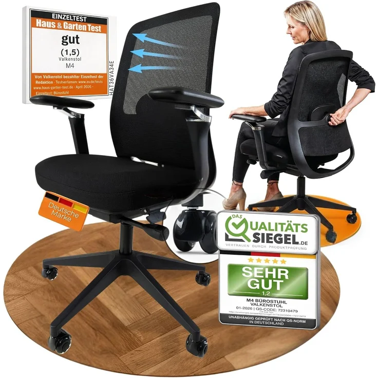 VALKENSTOL M4 Armstütze - Bürostuhl ergonomisch - 5 Jahre Garantie - 5D Armlehnen - verstellbare Sitztiefe - Schreibtischstuhl mit Gummirollen – Bild 1