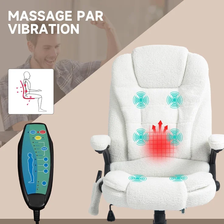 Vinsetto Bürostuhl, Massagesessel, beheizt, Bürostuhl, ergonomischer Stuhl mit Verstellbarer Höhe, neigbare Rückenlehne und Fernbedienung, kabelgebunden, 360° drehbar, Polyestergewebe, Weiß – Bild 4