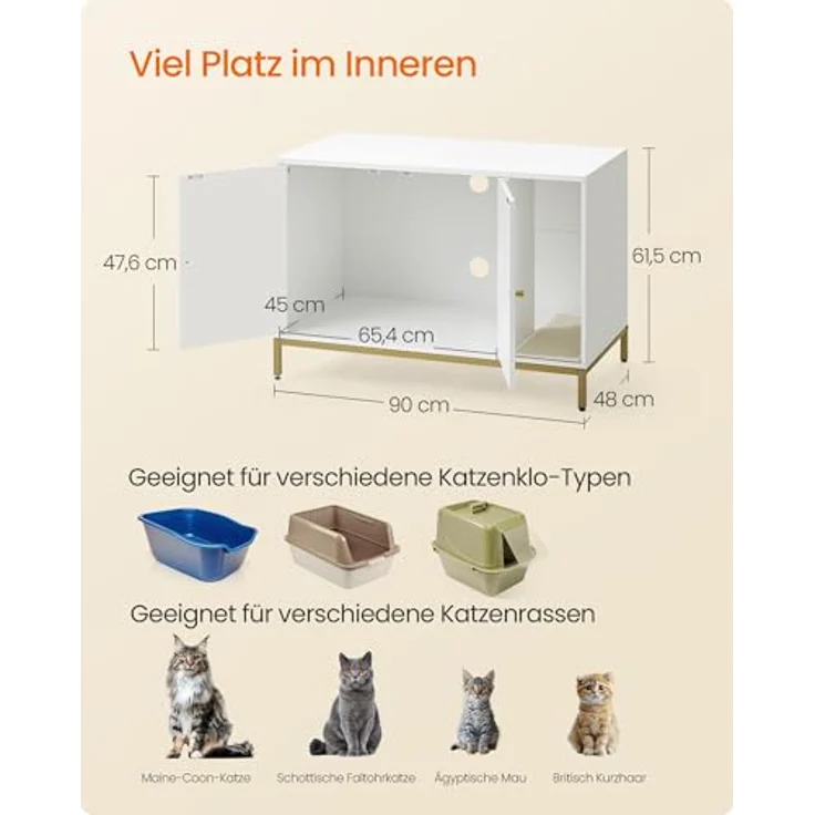 Feandrea Katzenklo-Schrank, Katzenhaus, Katzentoilette, mit Kratzmatte, hohe Beine, für Katzen, Beistelltisch, 90 x 48 x 61,5 cm, weiß-goldfarben PCL027W01 – Bild 3